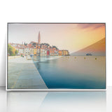 Mid-century modernist art depicting a Croatian landscape on a white-framed acrylic print, with soft pastel colors.