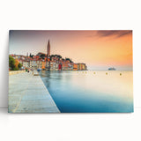 Black and white photograph of a European coastal town on stretched canvas, suitable for kitchen wall art.