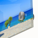 Large abstract wall art featuring a Cyprus landscape in muted earth tones on acrylic glass, ideal for dining room ambiance.