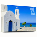 Large abstract wall art depicting a European Cyprus landscape in muted earth tones on acrylic glass.