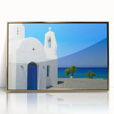 Art deco poster of a European Cyprus landscape in muted gold and green tones, acrylic print framed.