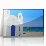 Large acrylic print of a European Cyprus landscape in muted earth tones, framed in silver.