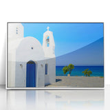 Mid-century modernist art depicting a scenic Cyprus landscape on a framed acrylic print, with muted earth tones.