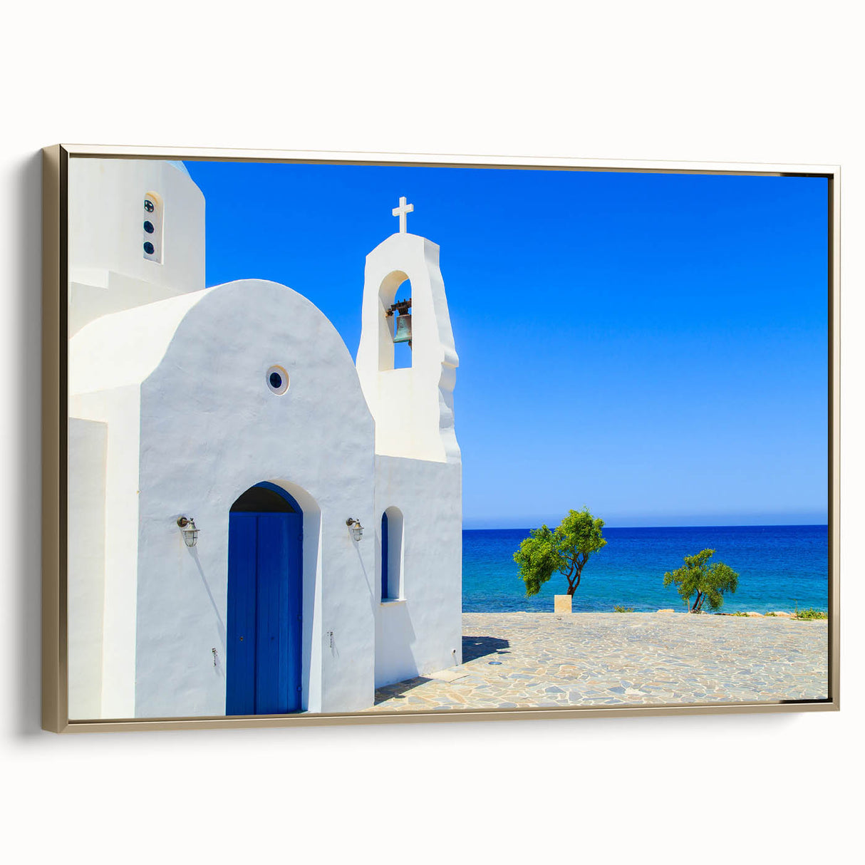 Framed canvas depicting a vintage-style Cyprus landscape in black and gold tones, ideal for bedroom wall art.