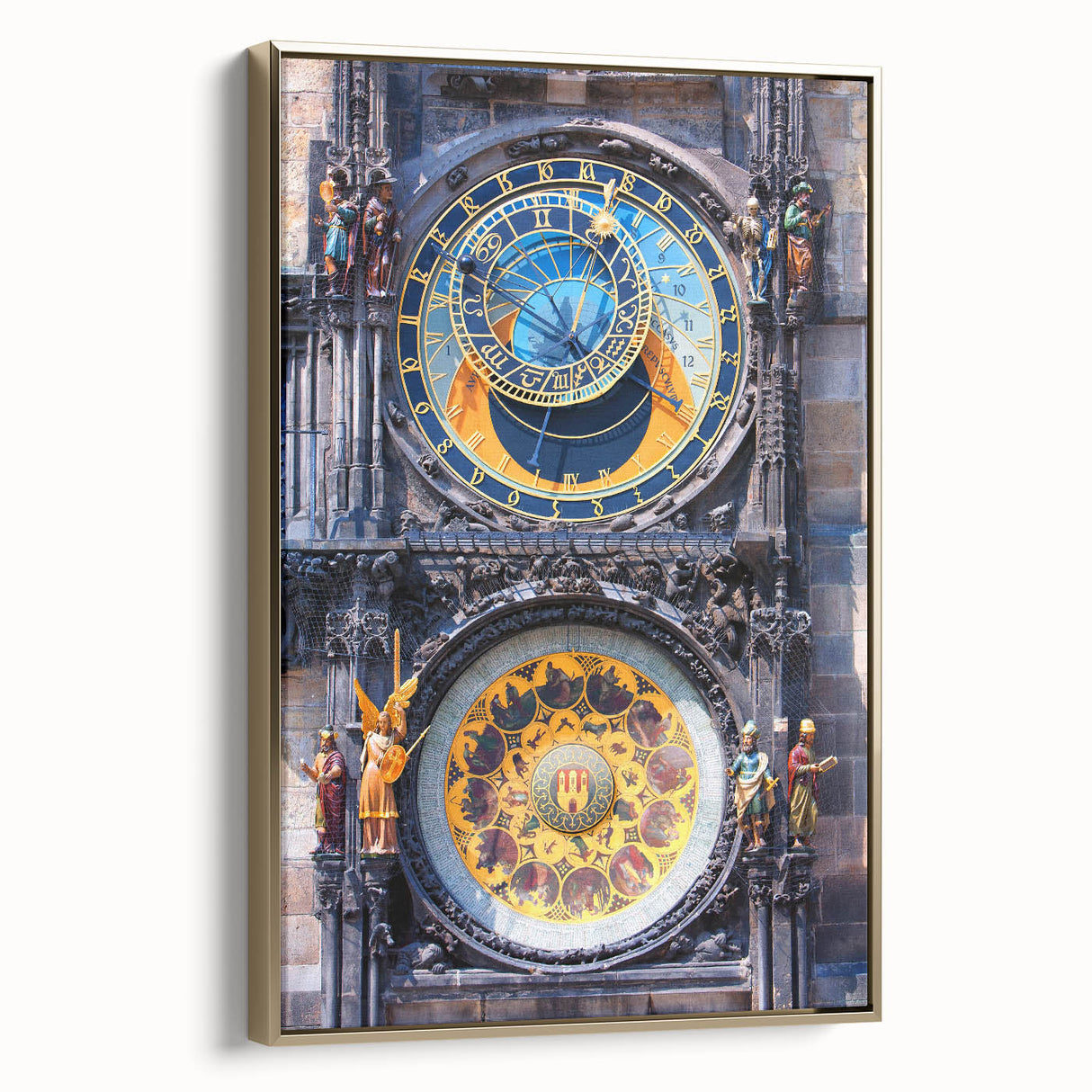 Framed canvas of Prague landscape in vintage poster style with muted gold and black tones, ideal for bedroom wall art.