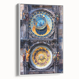 Vintage poster art of Prague on extra large framed canvas, featuring colorful imagery against a black background.