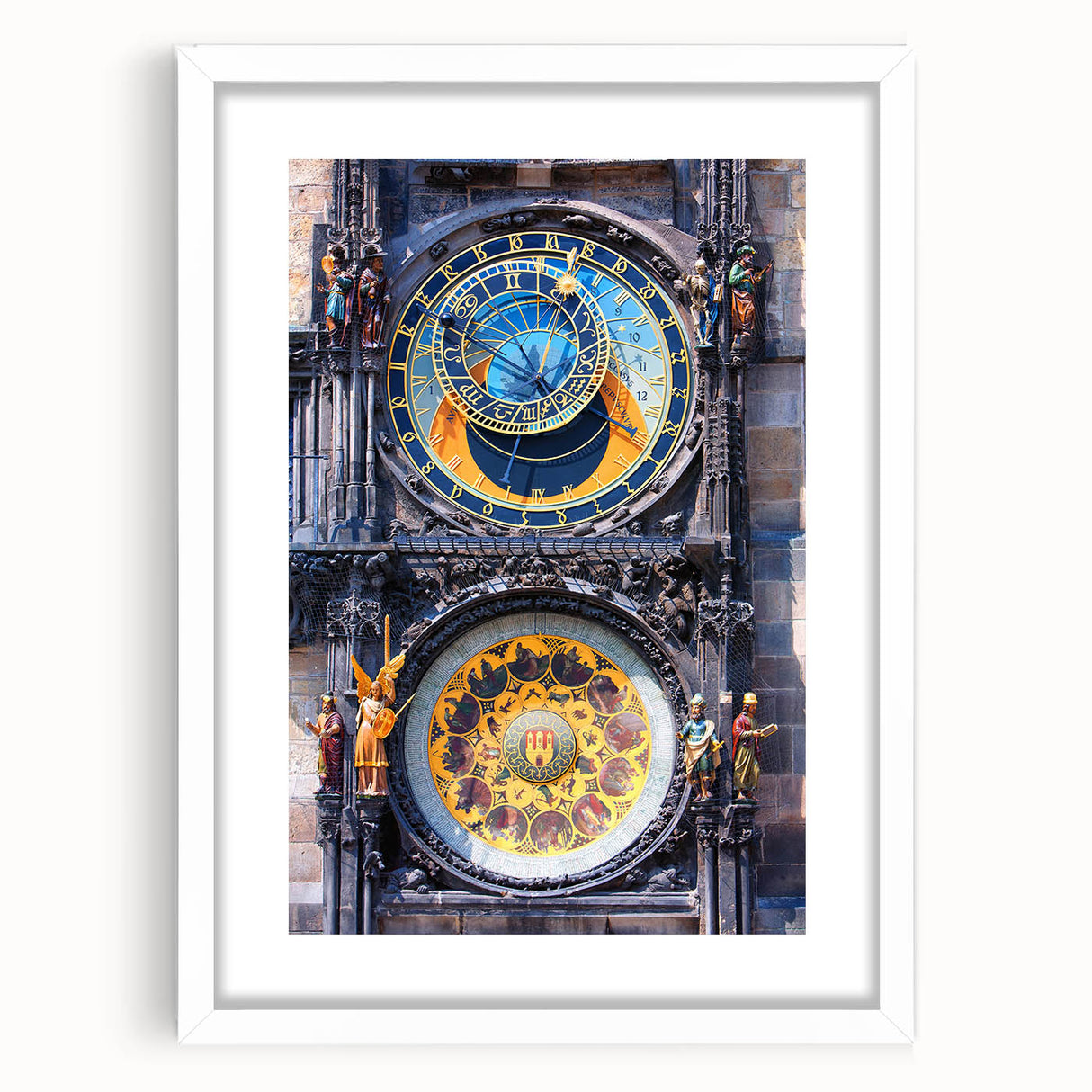 Abstract art print of Prague skyline in muted blue and gray tones on a framed white canvas, ideal for dining room decor.