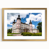 Extra large abstract art print of a Czech Republic scenery, featuring textured brush strokes in earthy tones, framed in gold.