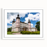 Abstract art print of a Czech Republic scenery in muted earth tones, framed with a white mat, suitable for dining room decor.