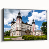 Black and white framed canvas depicting a vintage European landscape, ideal for bedroom decor.