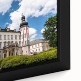 Extra large framed canvas featuring a textured depiction of a Czech Republic scenery in black with colorful art accents.
