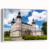 Vintage poster art of a colorful Czech Republic scenery, framed canvas in white, ideal for living room decor.