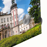 Large abstract wall art depicting the Prague skyline in muted cool tones on acrylic glass, ideal for dining room art.