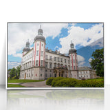 Framed acrylic print of a European cityscape in art deco style, using muted pastel colors, ideal for modern art wall decor.