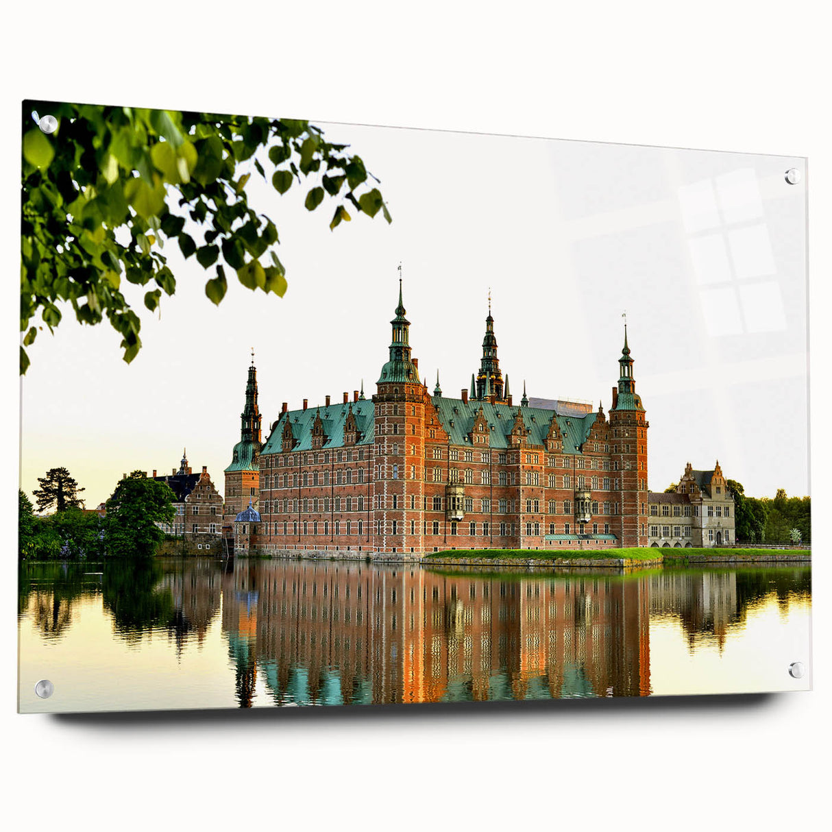 Large abstract depiction of a European scenery in muted earth tones on acrylic glass.