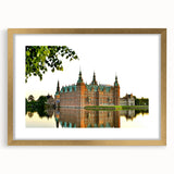 Abstract art print of a European scenery in muted earth tones, framed in gold, suitable for dining room decor.