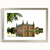 Extra large abstract art print of a textured European scenery in muted earth tones, framed in silver.