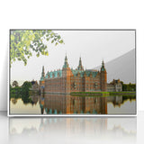 Mid-century modernist art of a serene Denmark landscape in muted colors, acrylic print framed in white.