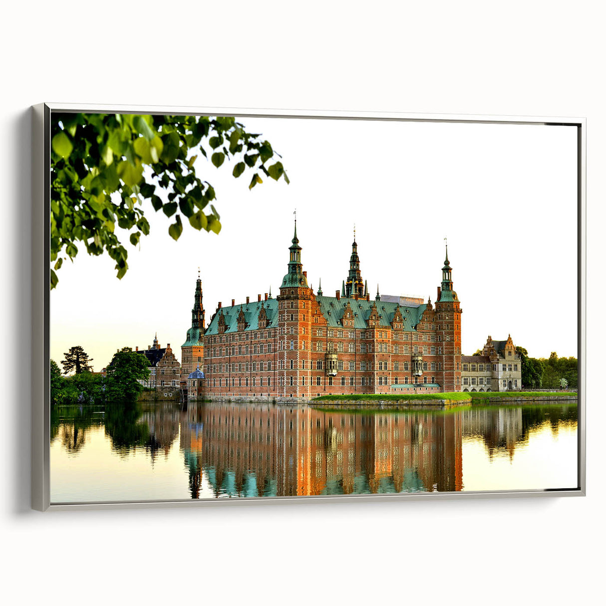 Framed canvas landscape art painting depicting a colorful Danish scenery in a vintage poster style.
