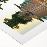 Art deco poster of a serene Danish landscape in muted green and blue tones on rolled canvas, ideal for dining room decor.