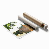 Rolled canvas print of a Danish landscape with muted green and blue tones, suitable for large living room or bathroom decor.