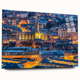 Large abstract wall art of the Bath, England skyline in muted earth tones on acrylic glass.
