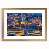 Abstract art print of Bath, England skyline in muted gold and blue tones on a framed canvas, suitable for dining room decor.