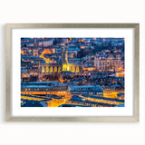Extra large abstract art print of European scenery in textured silver frame, suitable for living room decor.