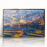 Art deco poster of Bath, England scenery in muted gold and blue tones on framed acrylic, suitable for modern art wall decor.