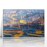 Mid-century modernist art depicting the Bath, England skyline in acrylic, framed in white, ideal for nursery wall art.
