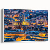 Vintage poster art of Bath, England on framed canvas, featuring colorful artwork against a black background.