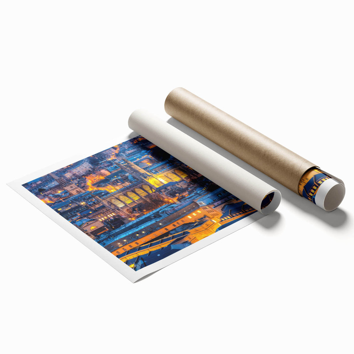 Extra large rolled print of Bath, England scenery with floral accents in soft pastel shades.