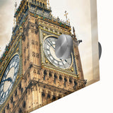 Large abstract depiction of Big Ben in muted gray tones on acrylic glass, ideal for dining room art.