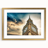Abstract art print of Big Ben with muted gold and beige tones on a framed canvas, suitable for dining room decor.