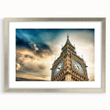Extra large wall art of an abstract depiction of Big Ben, in textured grays and blues, framed in silver.
