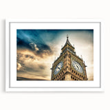 Textured art print of the Big Ben with abstract elements in muted earth tones, framed in white, ideal for bedroom decor.