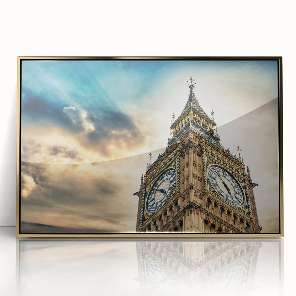 Acrylic print of Big Ben with gold accents in art deco style, ideal for modern art wall decor or nursery.