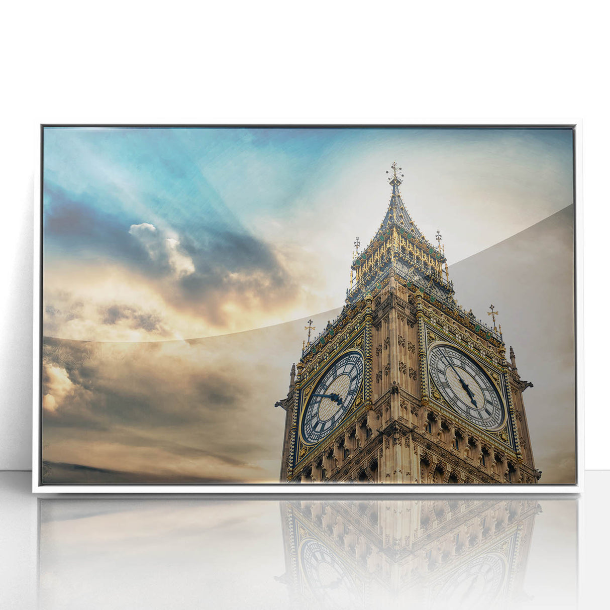 Mid-century modernist art of Big Ben with muted pastel colors on a framed acrylic, ideal for nursery wall art.