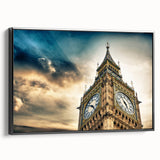 Black and white framed canvas of Big Ben in a vintage poster style, ideal for bedroom wall decor.