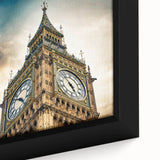 Black wall art featuring a textured close-up of Big Ben with colorful art accents, framed canvas ideal for living room decor.