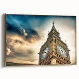 Framed canvas wall art depicting Big Ben in muted gold and black tones, ideal for bedroom ambiance.