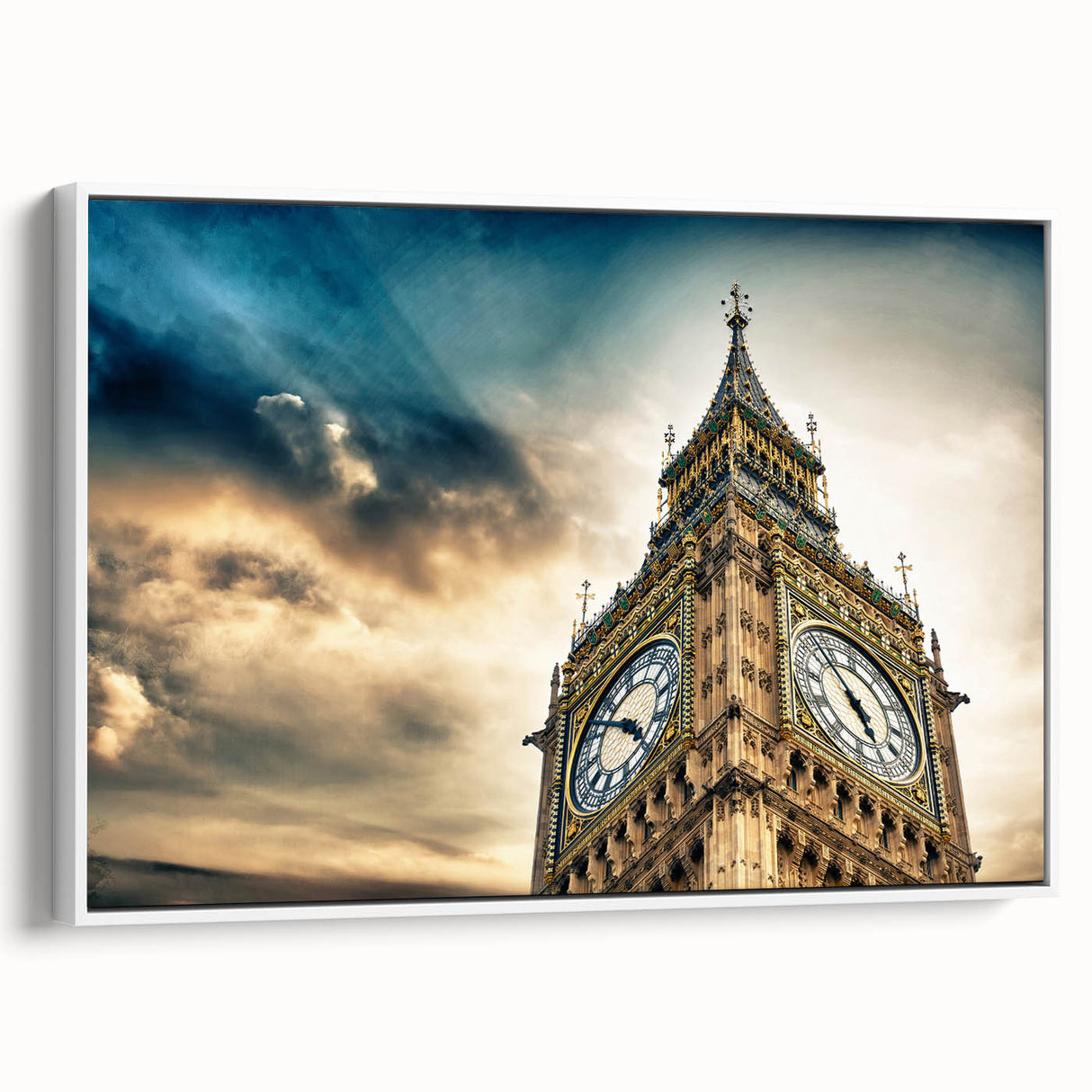 Vintage poster art of Big Ben with colorful details on a large framed canvas, ideal for living room decor.