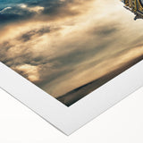 Art deco poster of Big Ben with muted gold and black tones on rolled canvas, suitable for dining room decor.