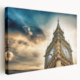 Large art print of the Big Ben and London skyline in muted gray tones on stretched canvas, ideal for kitchen wall art.