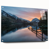 Acrylic print of a serene Cumbria landscape in muted green and blue tones, ideal for bedroom or dining room decor.