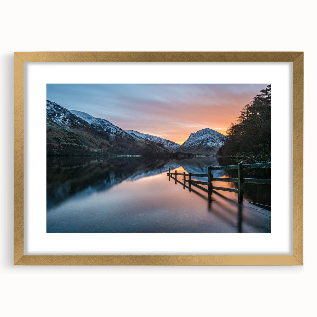 Abstract art print of Cumbria landscape in muted greens and blues, framed in gold, ideal for dining room decor.