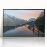 Art deco poster of Cumbria, England landscape in muted gold and green tones on acrylic framed print.