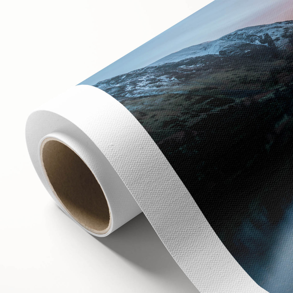 Art Deco style poster of Cumbria, England scenery in muted green and blue tones on rolled canvas, ideal for nursery wall art.