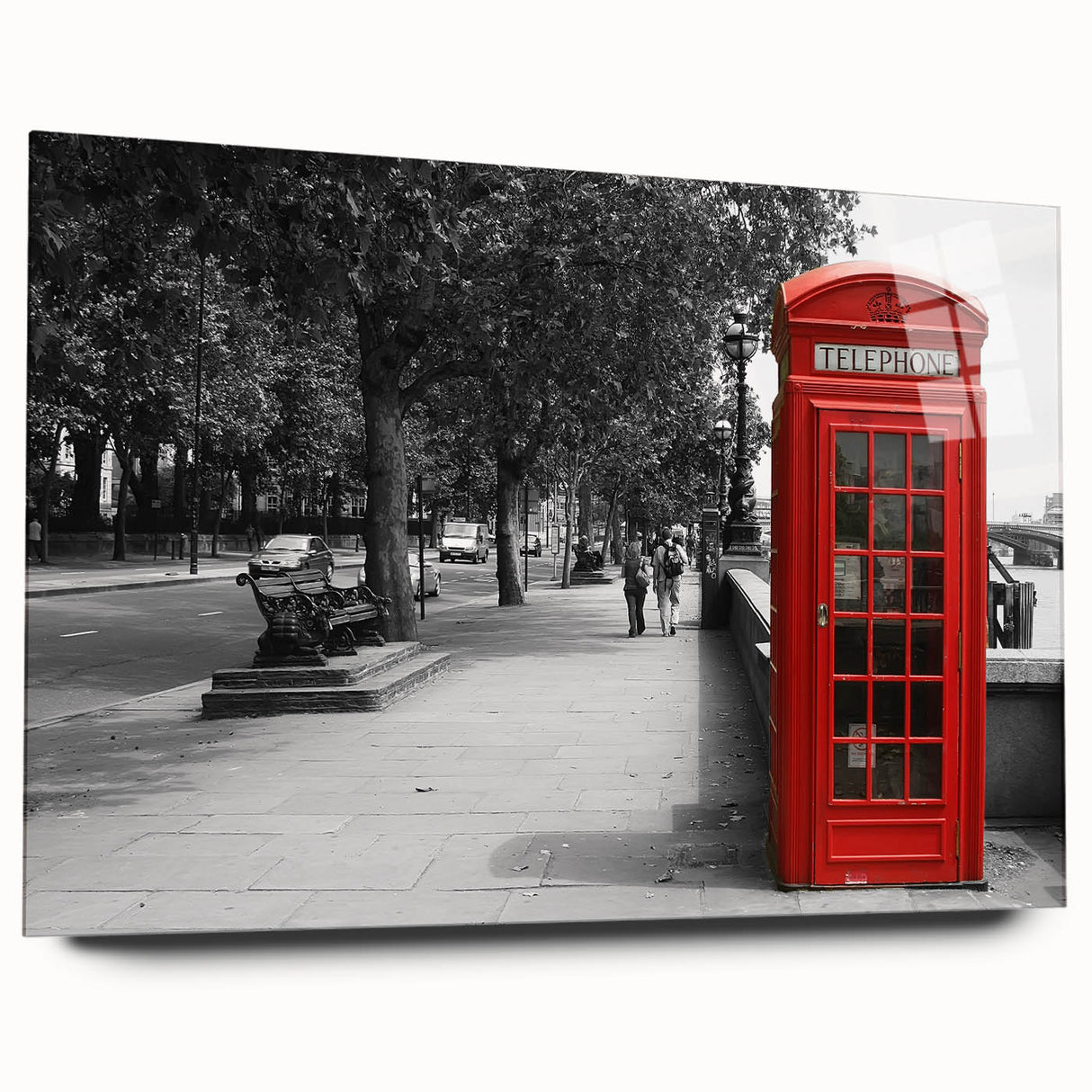 Acrylic print of a large abstract depiction of the London skyline in muted gray and blue tones.