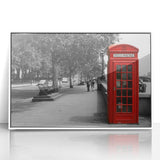 Mid-century modernist art of London skyline in muted gray and blue tones on framed acrylic, suitable for nursery wall decor.